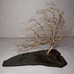 Medium Mid Century Modern Twisted Wire Metal Stone Tree Sculpture Artist